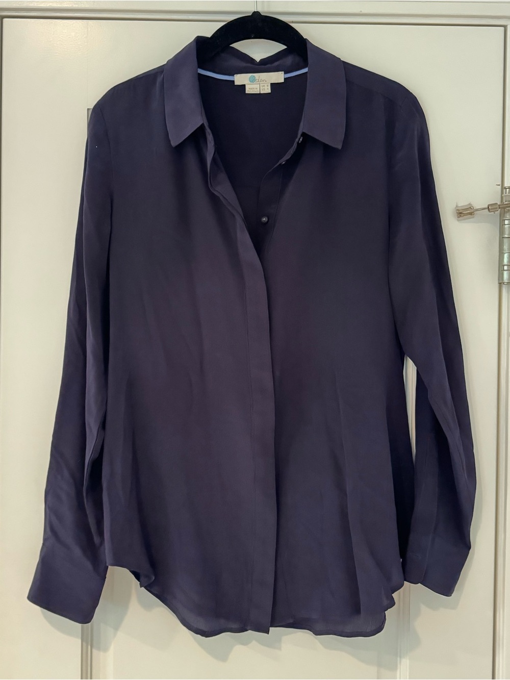 Boden 100% Silk Button Down Shirt, Navy, Size 4